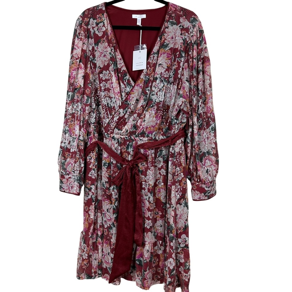 NWT All over Sequin Cottagecore Coquette Floral Faux Wrap Dress Women's Plus 2X